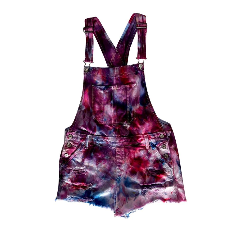 Vintage Abercrombie & Fitch Ice Dyed Overall Shorts Pink Purple Blue Reworked M